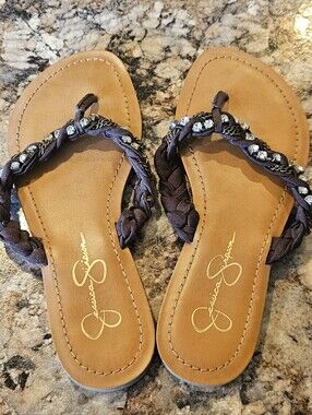 Jessica Simpson Braided Tan Flip-Flops With Beaded Straps With Rhinestones